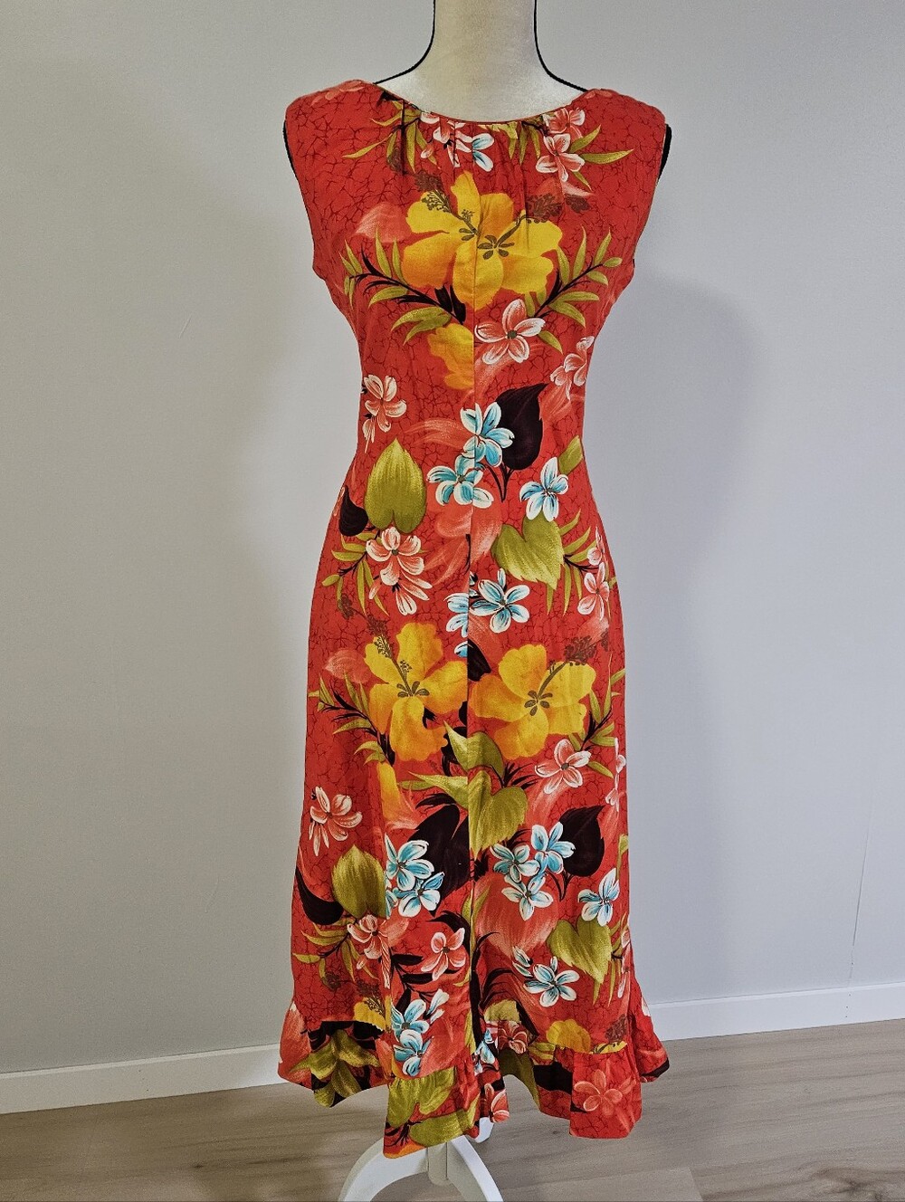 Vintage Sears Hawaiian Midi Dress BarkCloth Hibiscus Small